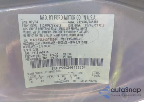 2004 Ford Taurus Ses z USA, uszkodzony, nr VIN 1FAFP55S34G158204